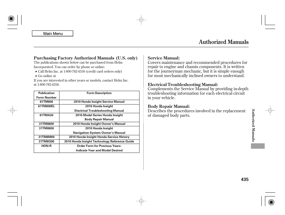 Authorized manuals, 2010 insight | HONDA 2010 Insight User Manual | Page 438 / 450