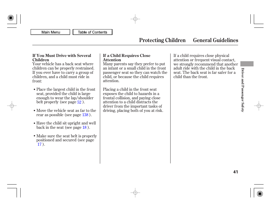 Protecting children general guidelines | HONDA 2010 Insight User Manual | Page 44 / 450