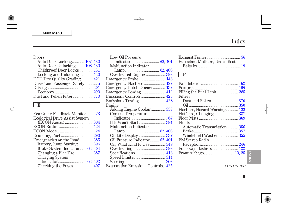 Index | HONDA 2010 Insight User Manual | Page 442 / 450