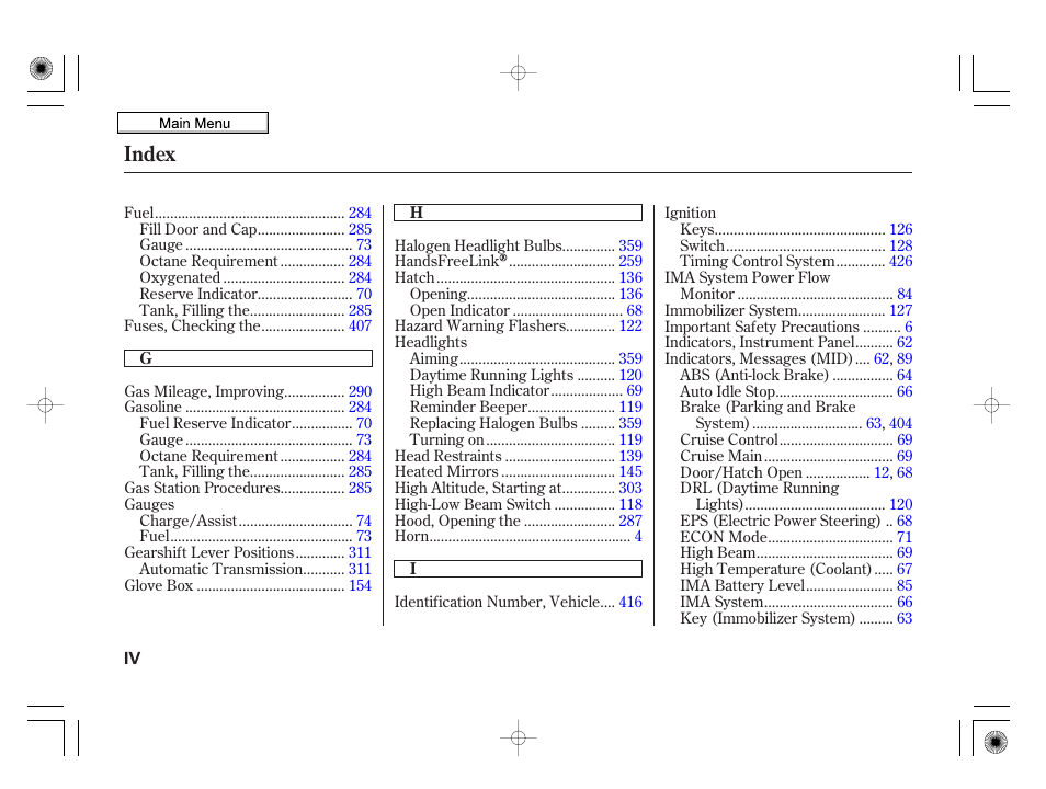 Index | HONDA 2010 Insight User Manual | Page 443 / 450