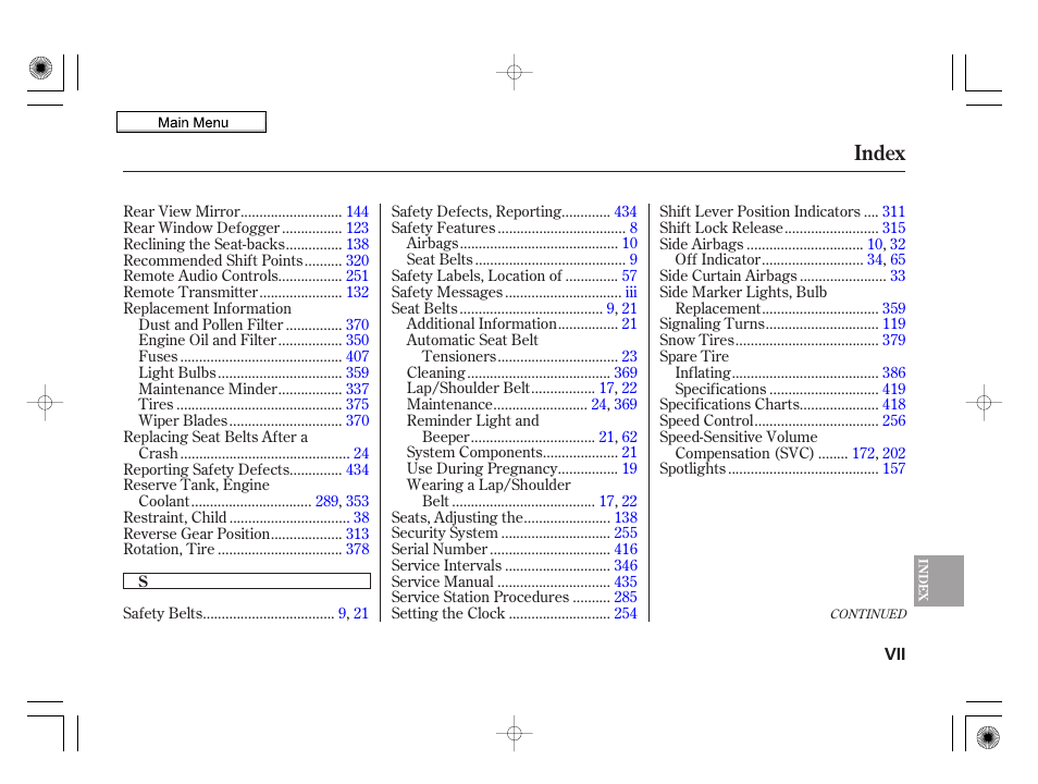 Index | HONDA 2010 Insight User Manual | Page 446 / 450