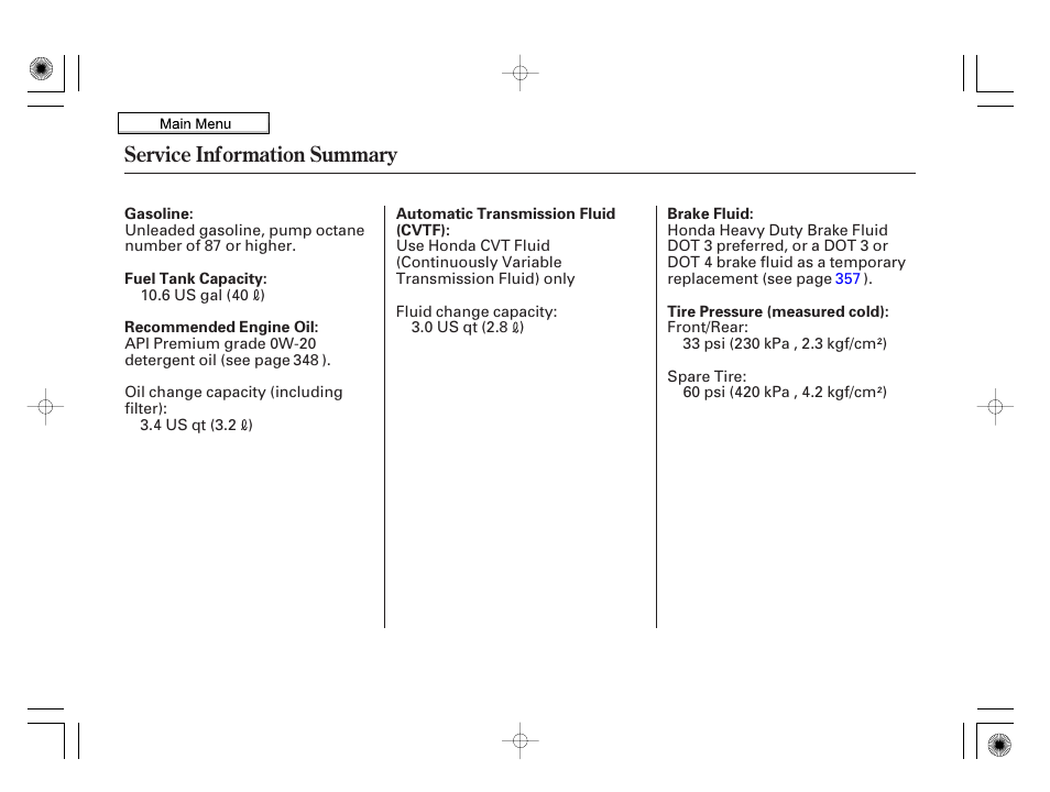 Service inf ormation summary, Service information summary | HONDA 2010 Insight User Manual | Page 449 / 450