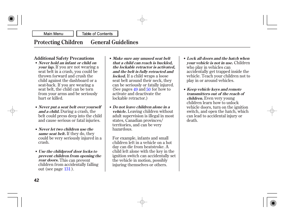 Protecting children general guidelines | HONDA 2010 Insight User Manual | Page 45 / 450