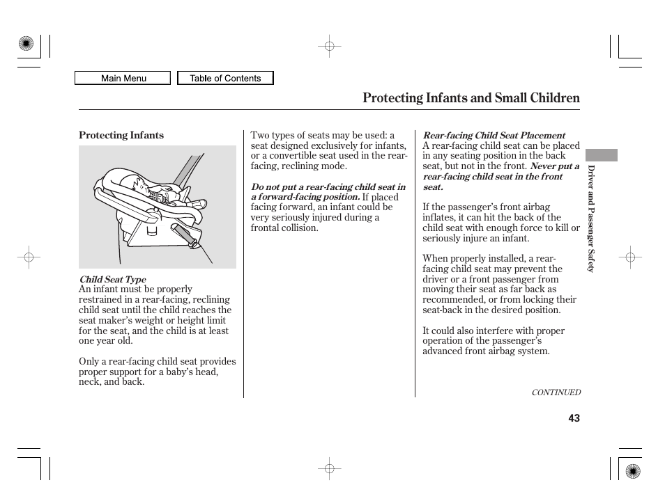 Protecting infants and small children, 2010 insight | HONDA 2010 Insight User Manual | Page 46 / 450