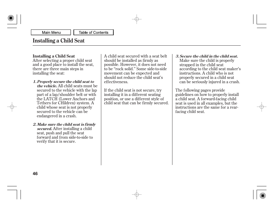Installing a child seat | HONDA 2010 Insight User Manual | Page 49 / 450