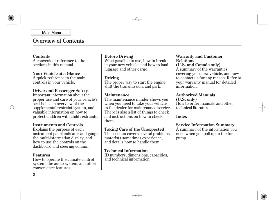 Overview of contents | HONDA 2010 Insight User Manual | Page 5 / 450