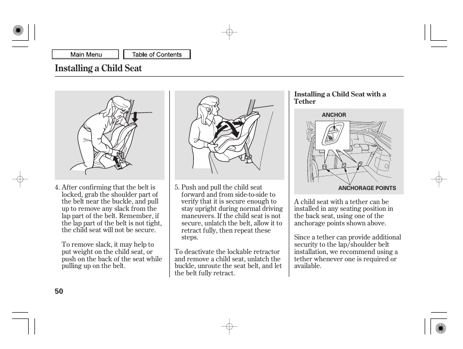 Installing a child seat | HONDA 2010 Insight User Manual | Page 53 / 450