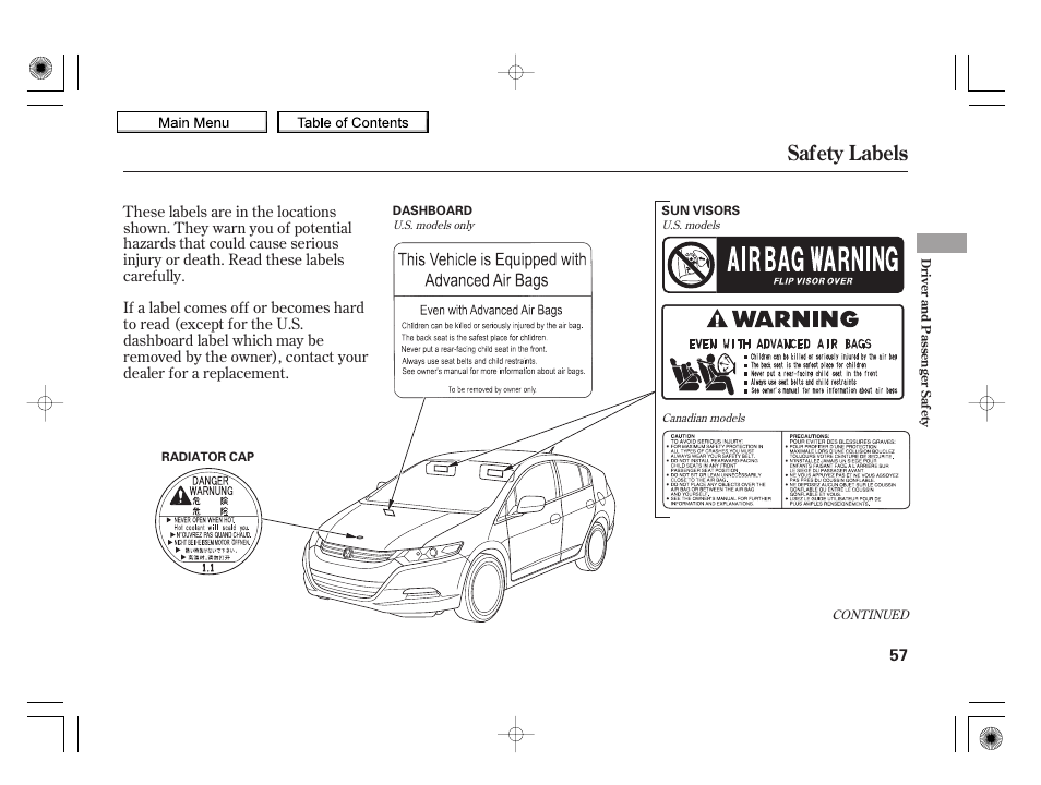 Safety labels, 2010 insight | HONDA 2010 Insight User Manual | Page 60 / 450
