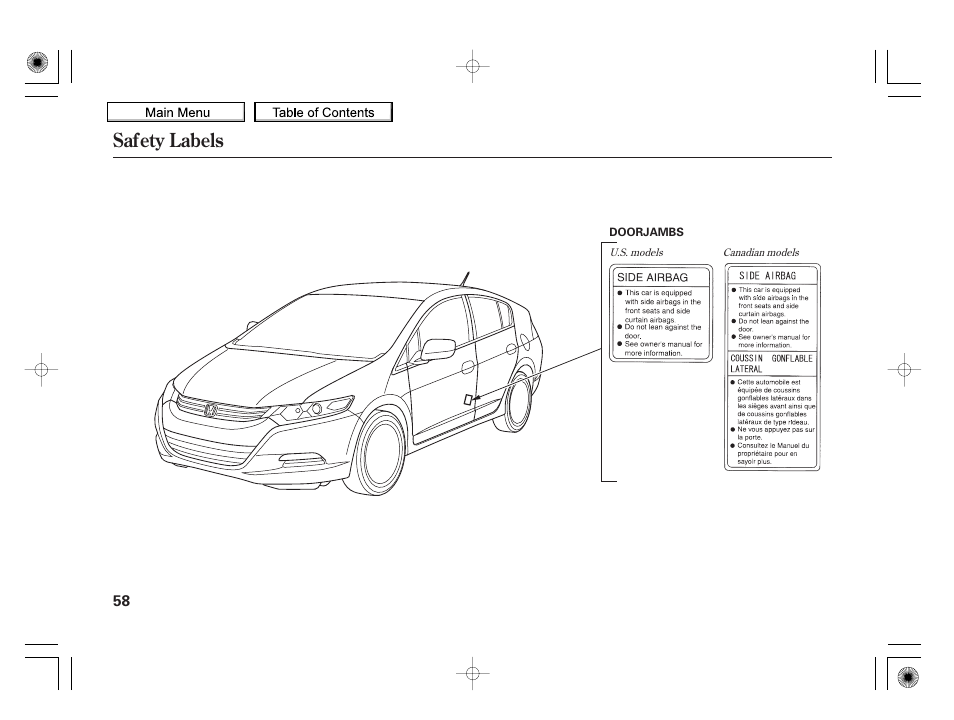 Safety labels | HONDA 2010 Insight User Manual | Page 61 / 450