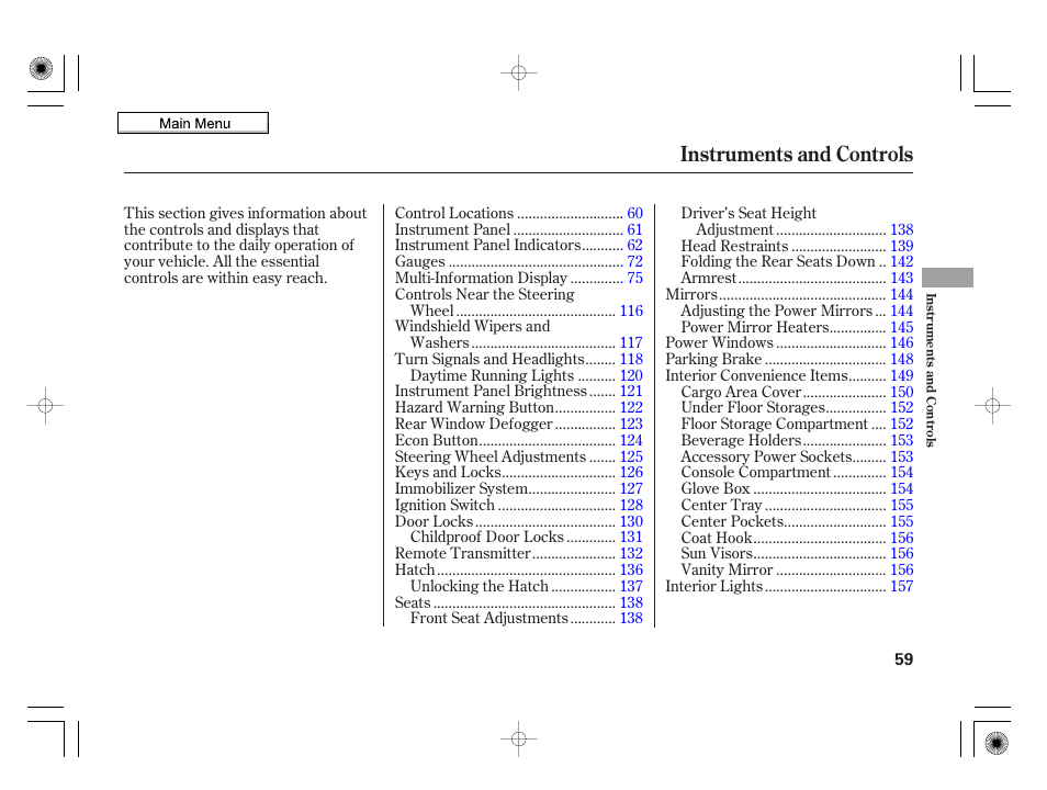 Instruments and controls | HONDA 2010 Insight User Manual | Page 62 / 450