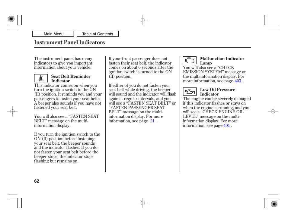 Instrument panel indicators | HONDA 2010 Insight User Manual | Page 65 / 450