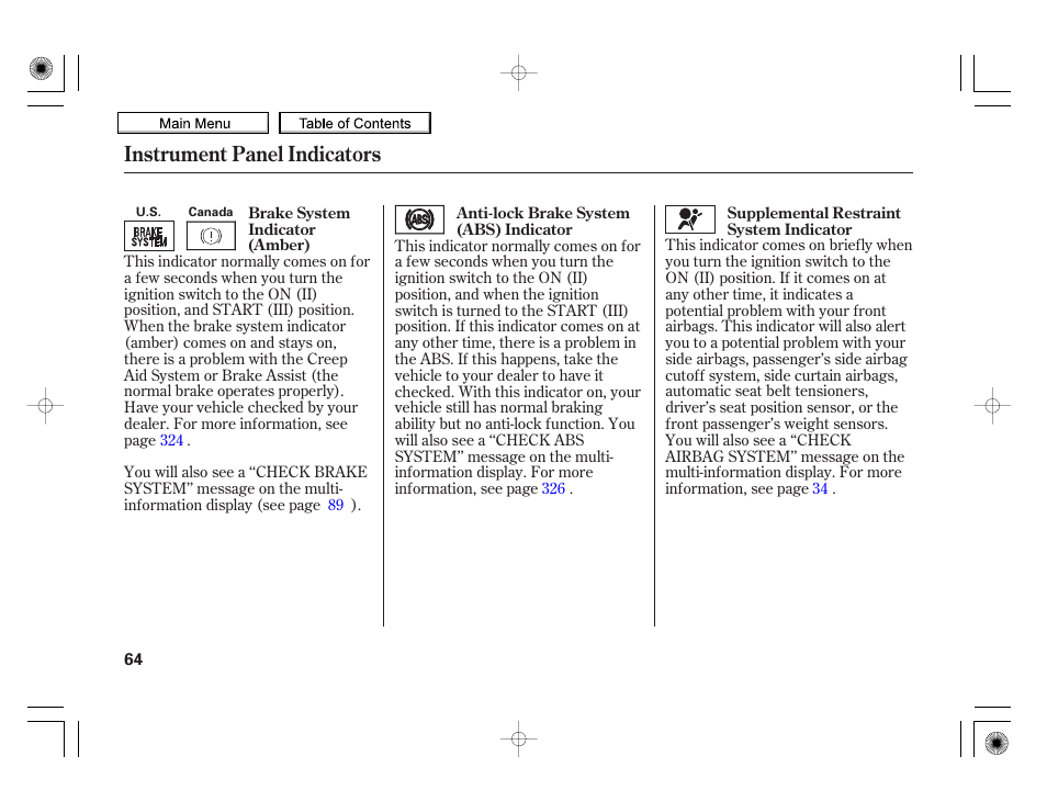 Instrument panel indicators | HONDA 2010 Insight User Manual | Page 67 / 450