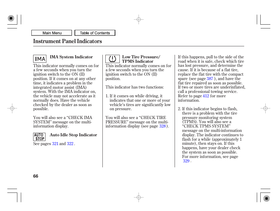 Instrument panel indicators | HONDA 2010 Insight User Manual | Page 69 / 450