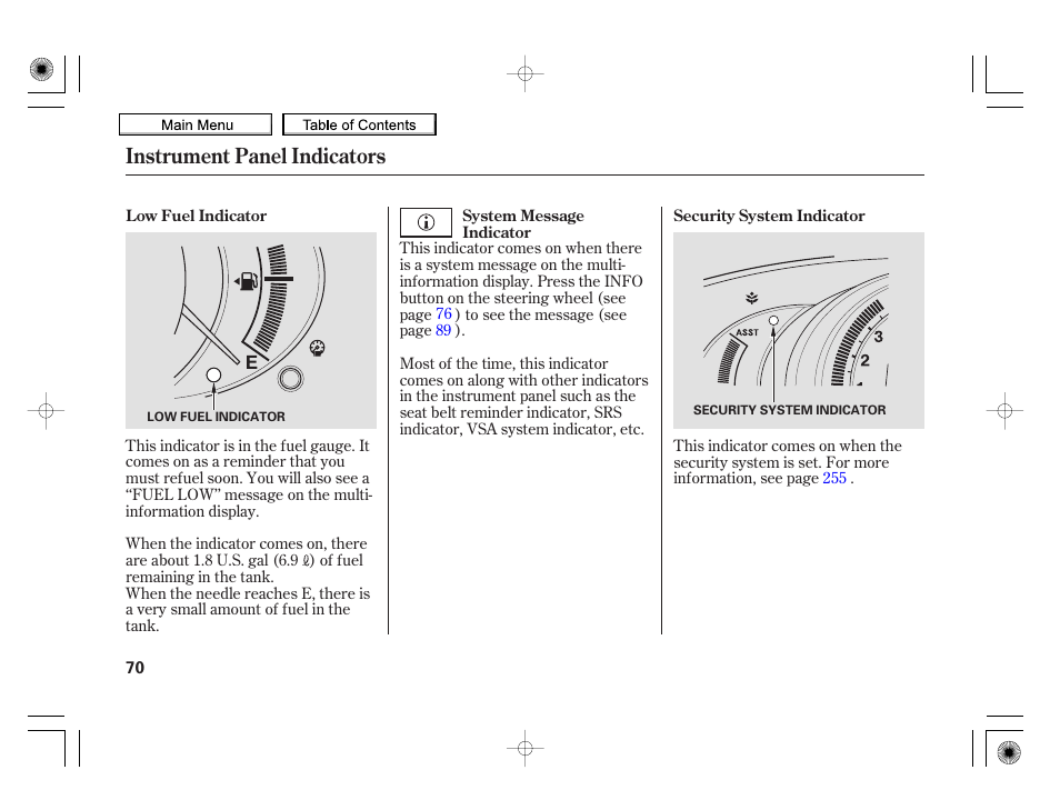 Instrument panel indicators | HONDA 2010 Insight User Manual | Page 73 / 450