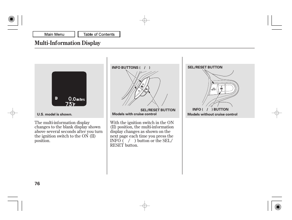 Multi-information display, 2010 insight | HONDA 2010 Insight User Manual | Page 79 / 450