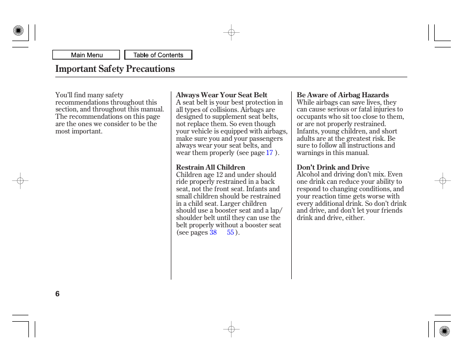 Important safety precautions | HONDA 2010 Insight User Manual | Page 9 / 450