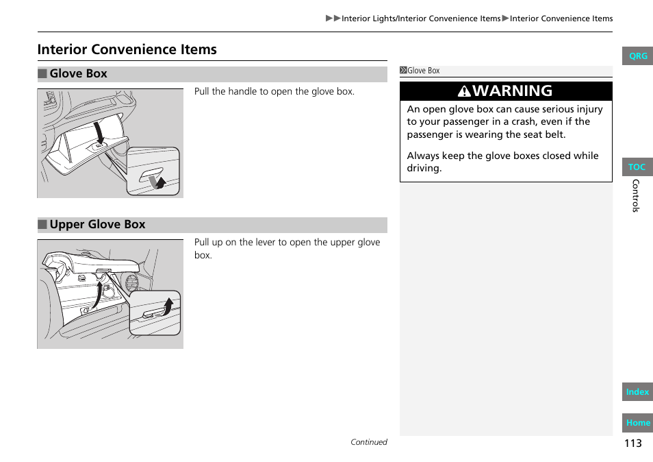 P113), Warning, Interior convenience items | HONDA 2013 Fit User Manual | Page 114 / 286