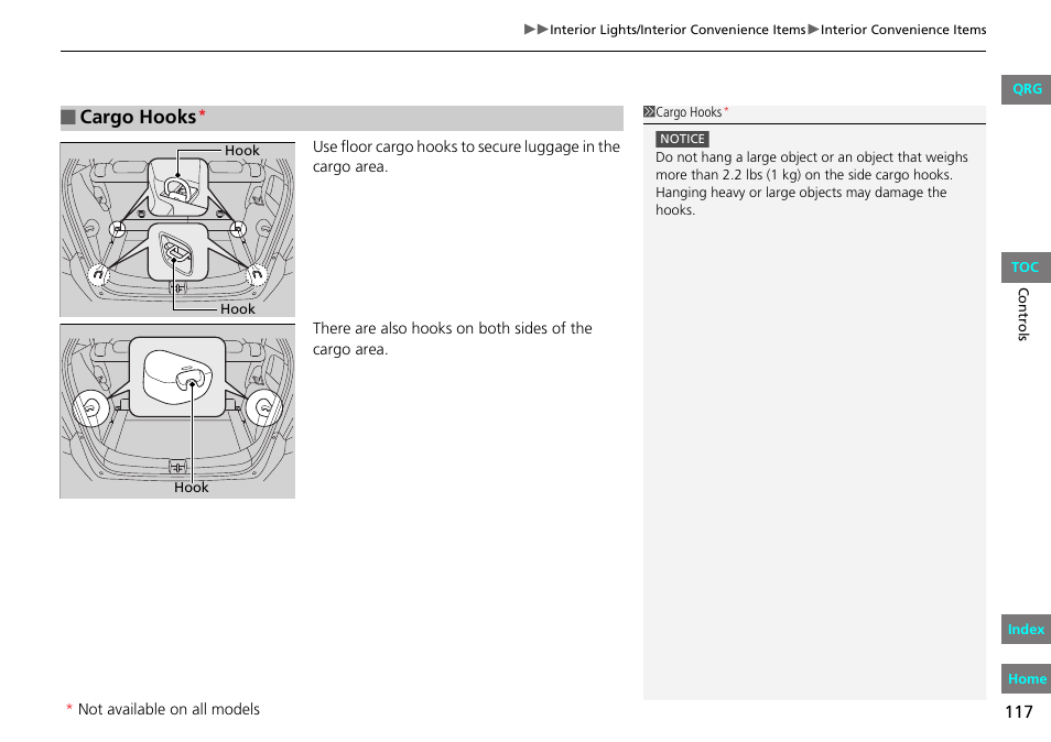 Cargo hooks | HONDA 2013 Fit User Manual | Page 118 / 286