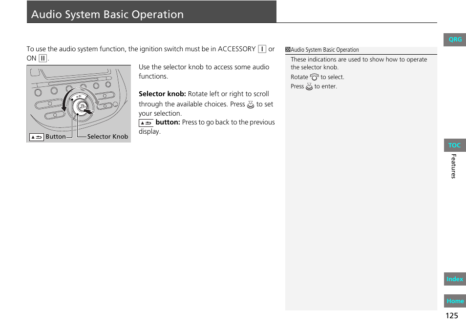 P. 125, Audio system basic operation | HONDA 2013 Fit User Manual | Page 126 / 286