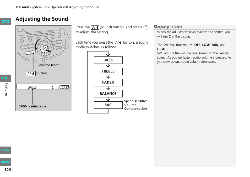 Adjusting the sound | HONDA 2013 Fit User Manual | Page 127 / 286