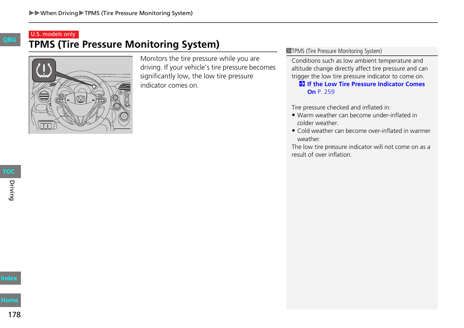 P178), Tpms (tire pressure monitoring system) | HONDA 2013 Fit User Manual | Page 179 / 286