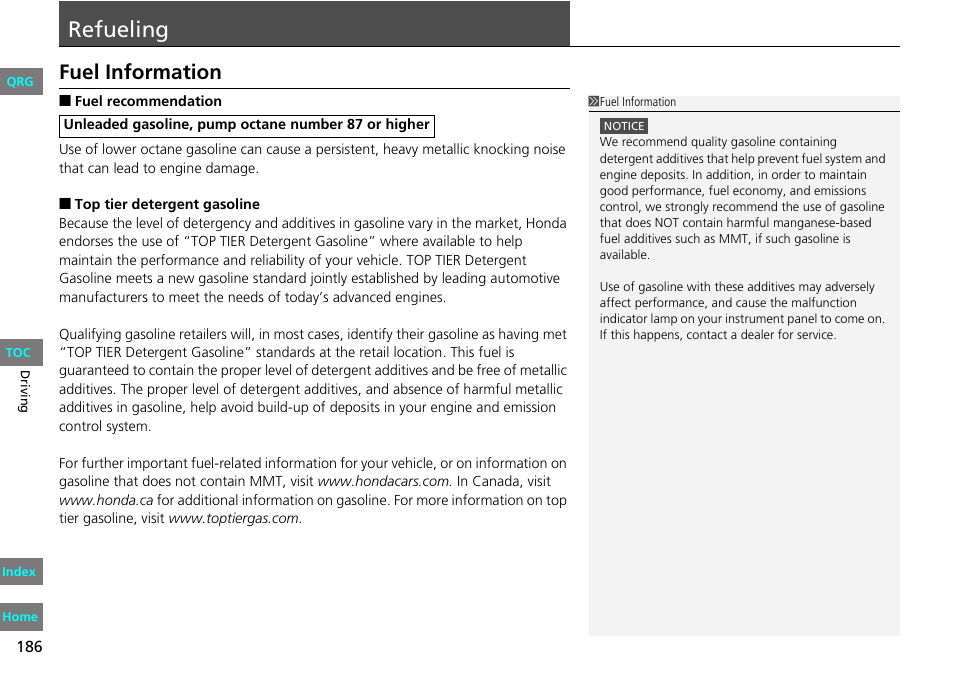 Eling, P186), Refueling | Fuel information | HONDA 2013 Fit User Manual | Page 187 / 286