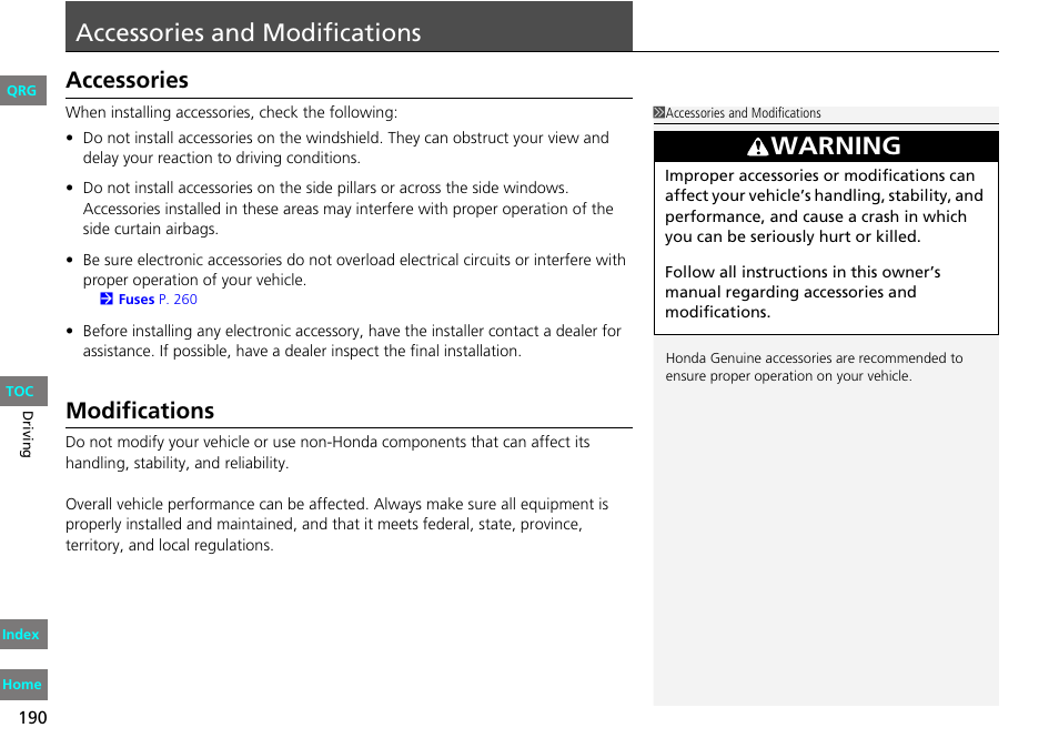 P. 190, Accessories, Modifications | Accessories and modifications, Warning | HONDA 2013 Fit User Manual | Page 191 / 286