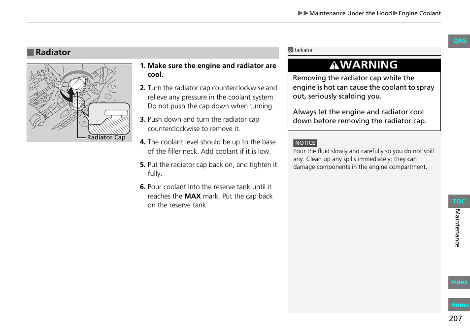 Radiator cap, Warning | HONDA 2013 Fit User Manual | Page 208 / 286