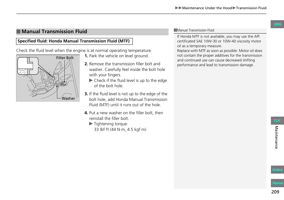 Manual transmission fluid | HONDA 2013 Fit User Manual | Page 210 / 286