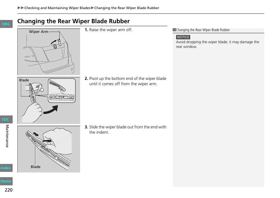 P.220), Changing the rear wiper blade rubber | HONDA 2013 Fit User Manual | Page 221 / 286