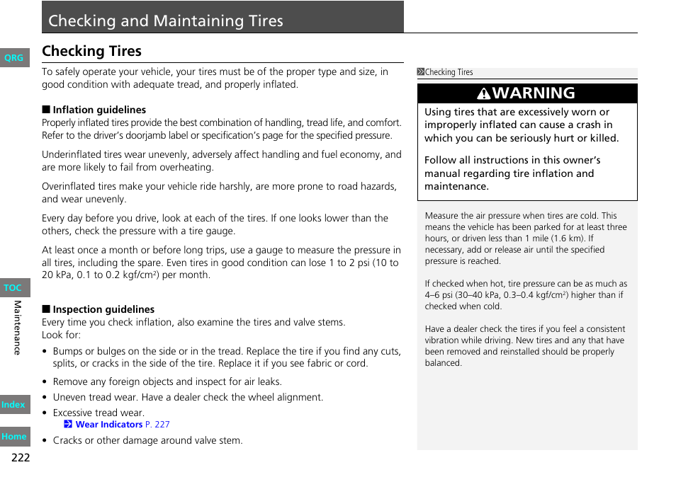 P. 222, P222), Tires | Checking, Maintaining, 2 checking and maintaining tires p. 222, Checking and maintaining tires, Warning, Checking tires | HONDA 2013 Fit User Manual | Page 223 / 286