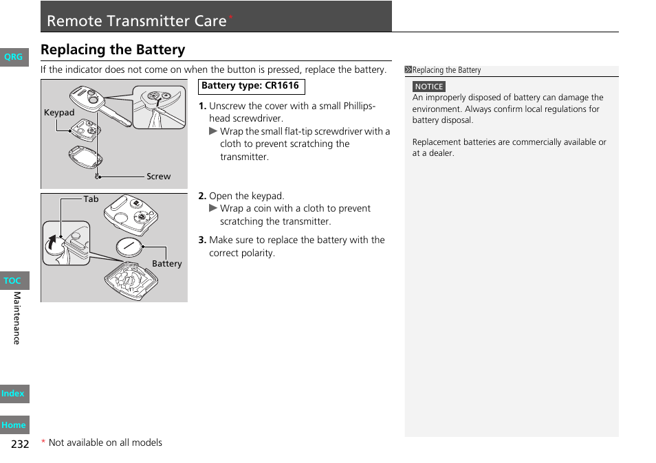 P. 232, Remote transmitter care, Replacing the battery | HONDA 2013 Fit User Manual | Page 233 / 286