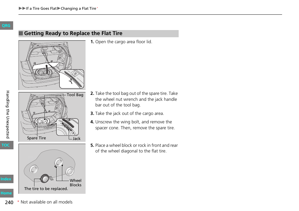 Getting ready to replace the flat tire | HONDA 2013 Fit User Manual | Page 241 / 286