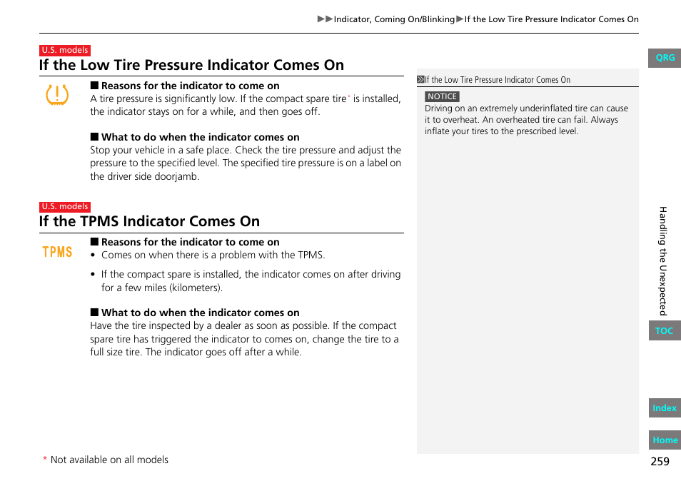 If the low tire pressure indicator comes on, If the tpms indicator comes on | HONDA 2013 Fit User Manual | Page 260 / 286