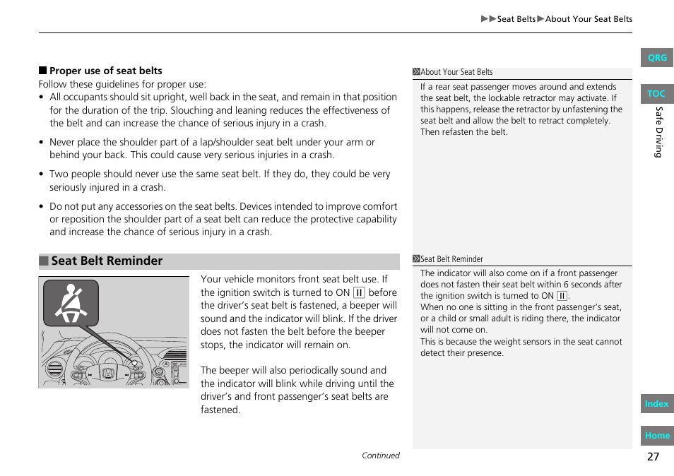 Seat belt reminder | HONDA 2013 Fit User Manual | Page 28 / 286