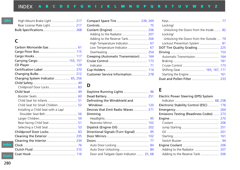 C d e, Index, 2013 fit | HONDA 2013 Fit User Manual | Page 281 / 286