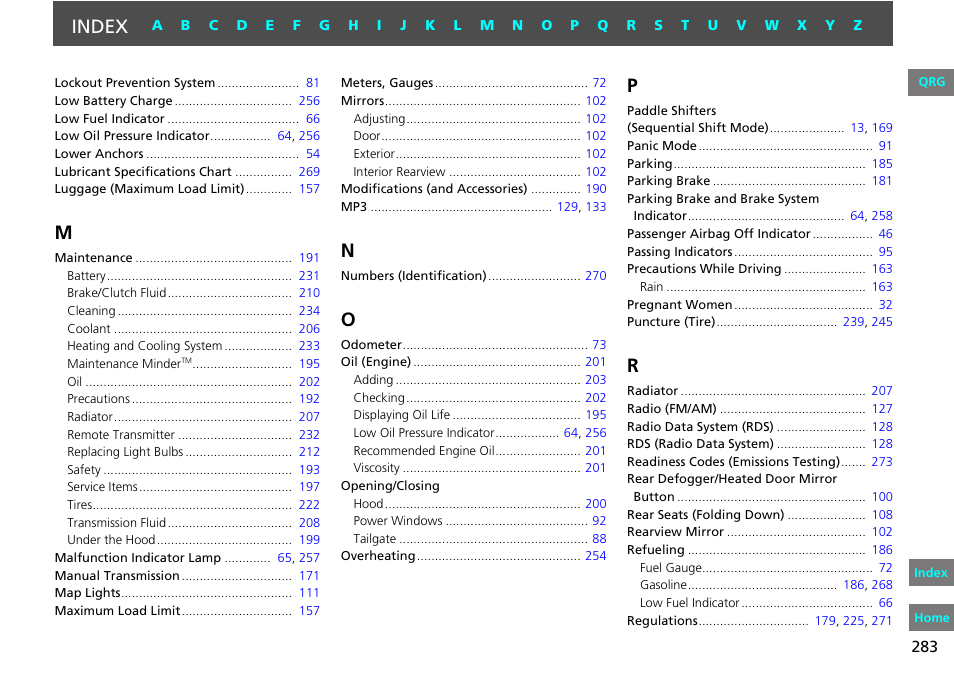 M n o p q r, Index, 2013 fit | HONDA 2013 Fit User Manual | Page 284 / 286