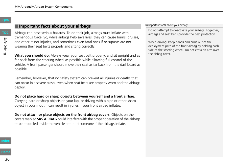 Important facts about your airbags | HONDA 2013 Fit User Manual | Page 37 / 286