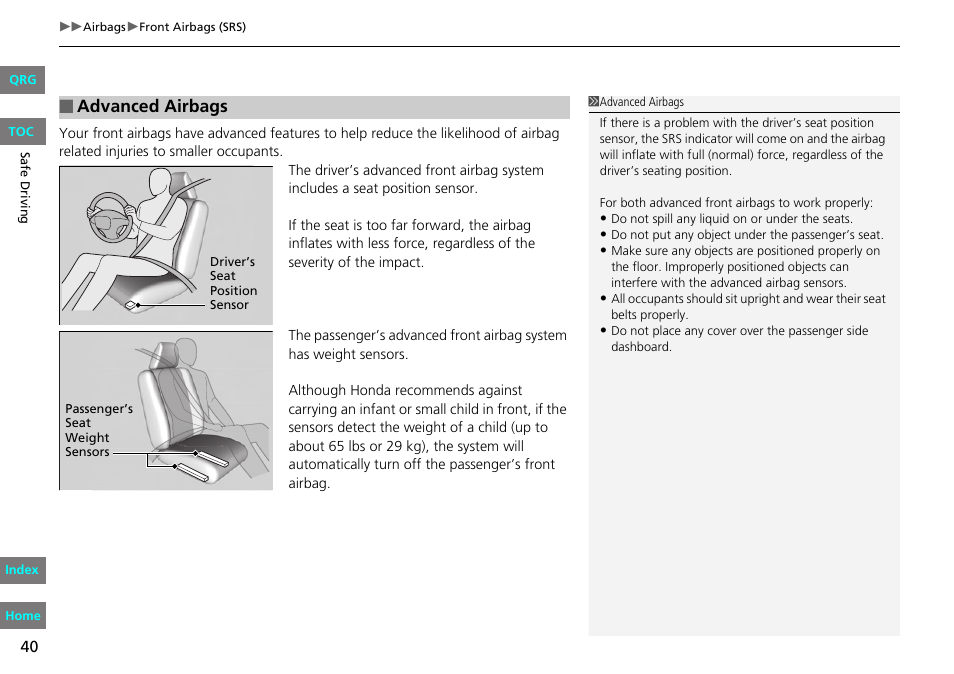 Advanced airbags | HONDA 2013 Fit User Manual | Page 41 / 286