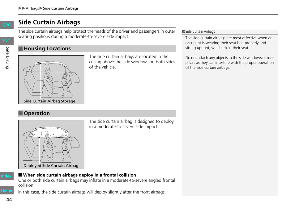 P44), Side curtain airbags | HONDA 2013 Fit User Manual | Page 45 / 286