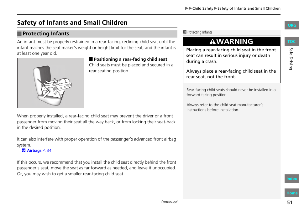 Warning, Safety of infants and small children | HONDA 2013 Fit User Manual | Page 52 / 286