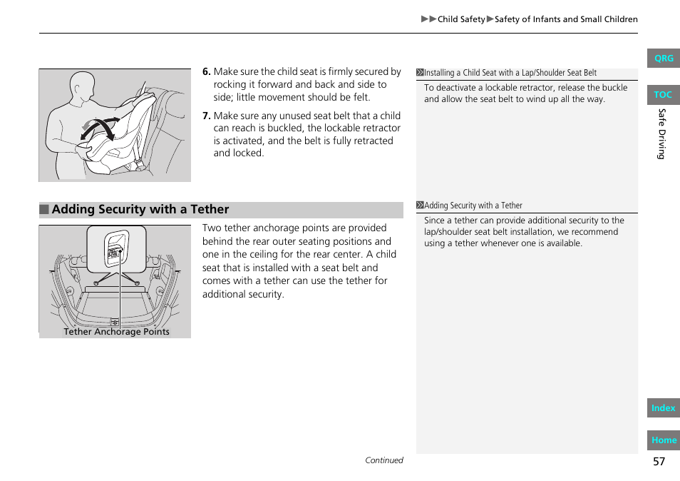P57), Adding security with a tether | HONDA 2013 Fit User Manual | Page 58 / 286
