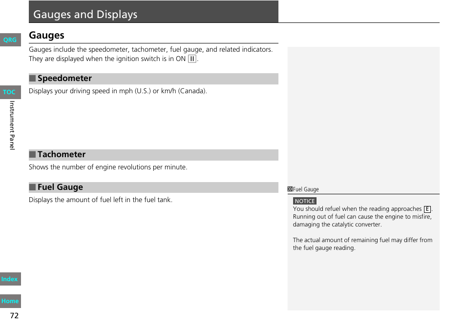 Lays, P72), Gauges | Displays, Gauges and displays | HONDA 2013 Fit User Manual | Page 73 / 286