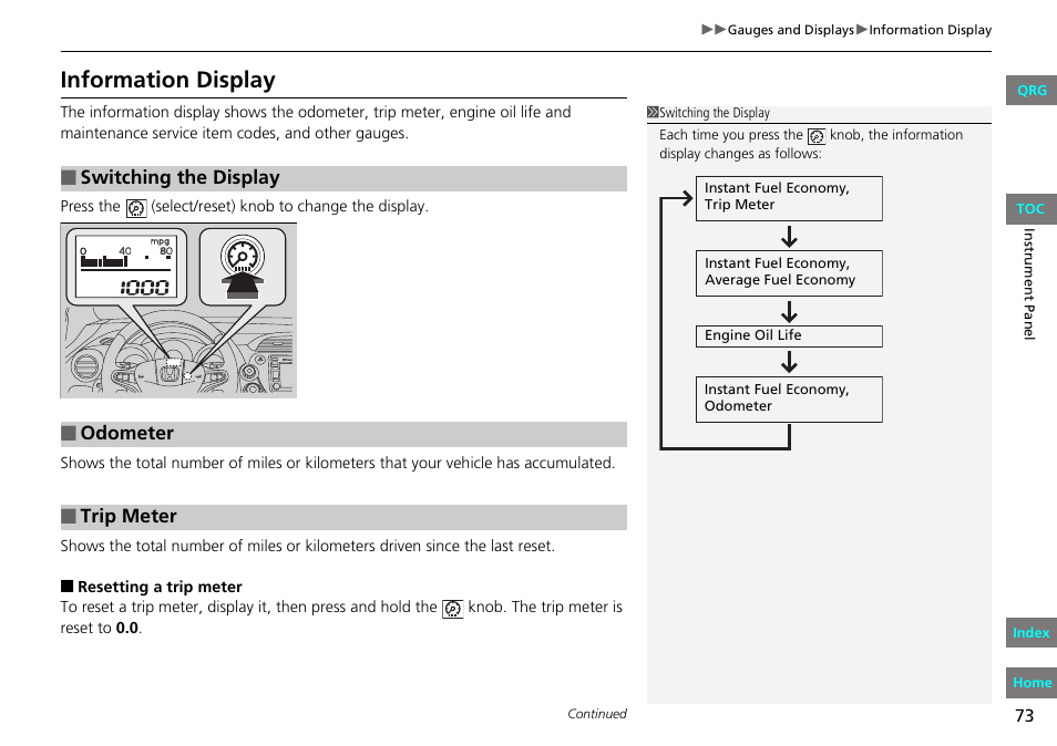 P73), Tion display, Information display | HONDA 2013 Fit User Manual | Page 74 / 286