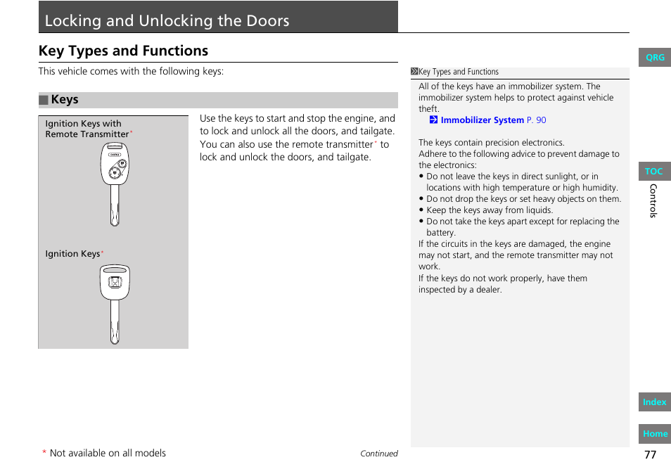 Locking, Unlocking, Doors | Locking and unlocking the doors, Key types and functions, Keys | HONDA 2013 Fit User Manual | Page 78 / 286