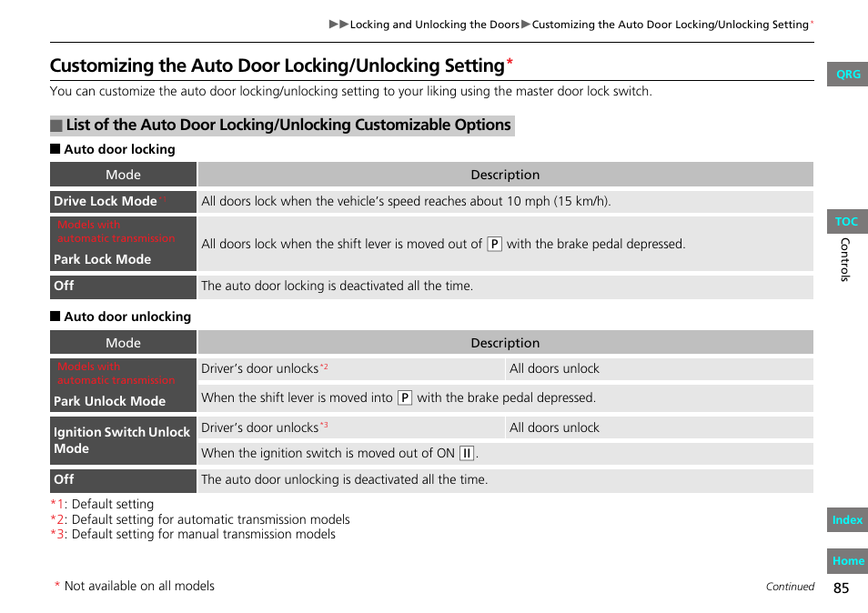 2 customizing the auto door locking, Unlocking setting, P. 85 | HONDA 2013 Fit User Manual | Page 86 / 286