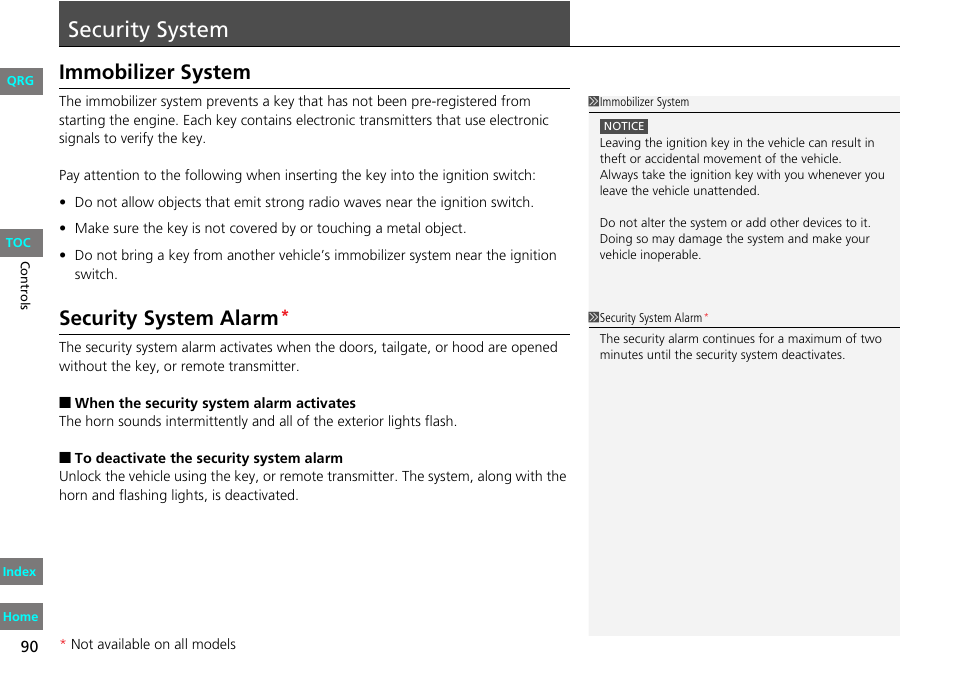 System, 2 security system alarm, P. 90 | Security system, Immobilizer system, Security system alarm | HONDA 2013 Fit User Manual | Page 91 / 286