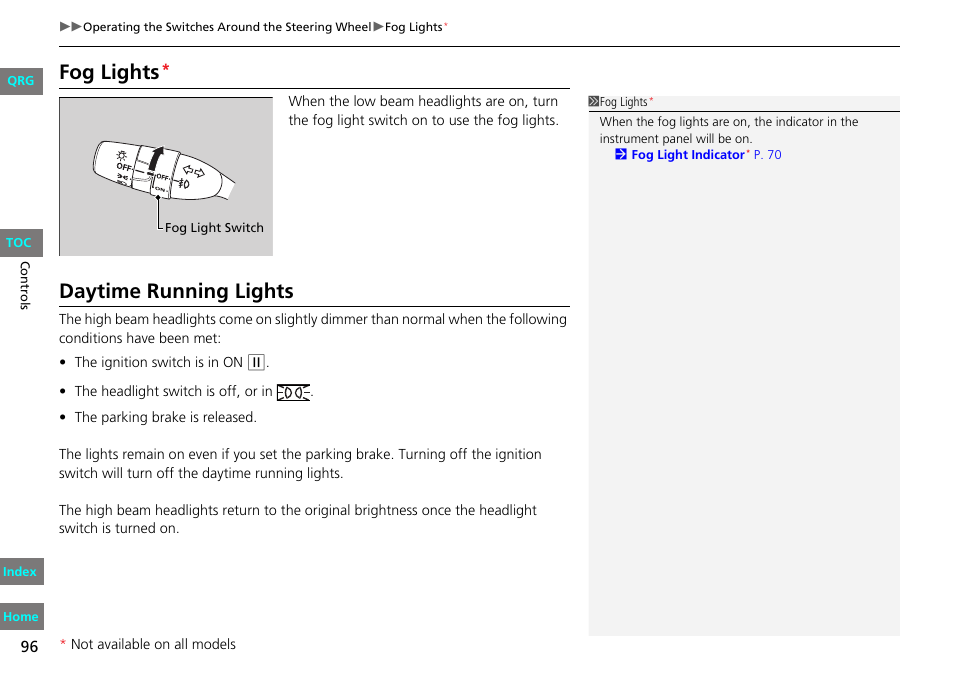 P96), 2 daytime running lights p. 96, Fog lights | Daytime running lights | HONDA 2013 Fit User Manual | Page 97 / 286