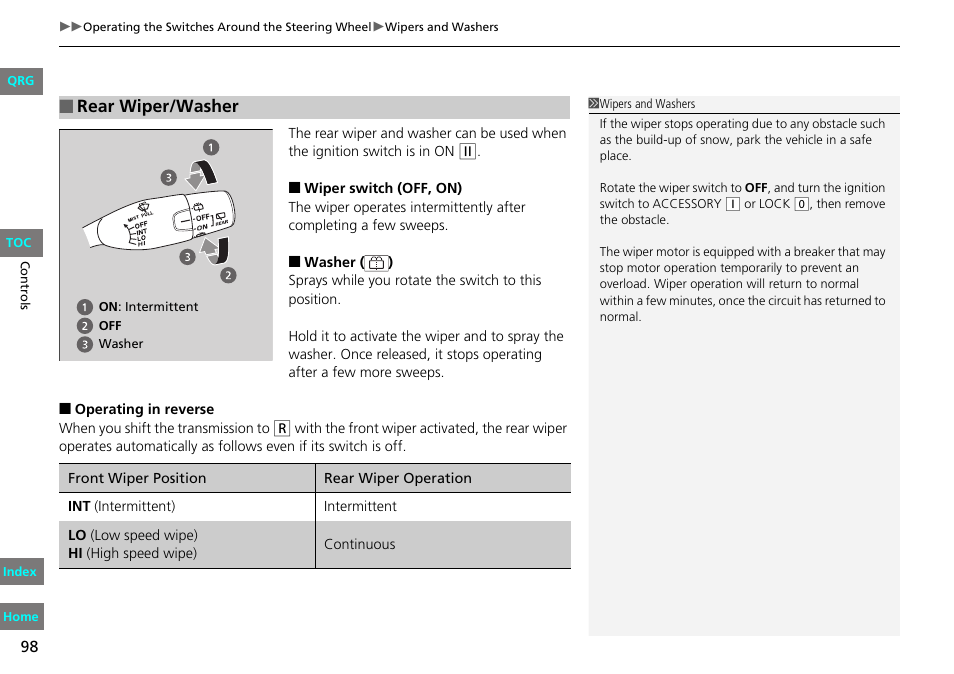 P98), Rear wiper/washer | HONDA 2013 Fit User Manual | Page 99 / 286