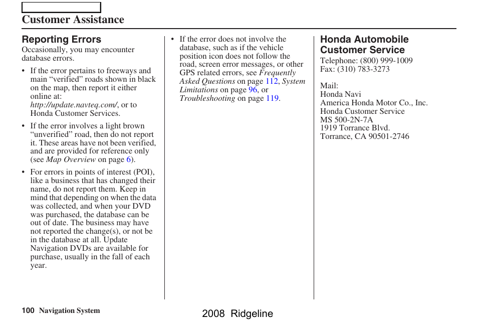 Customer assistance, 2008 ridgeline | HONDA 2008 Ridgeline Navigation User Manual | Page 100 / 135